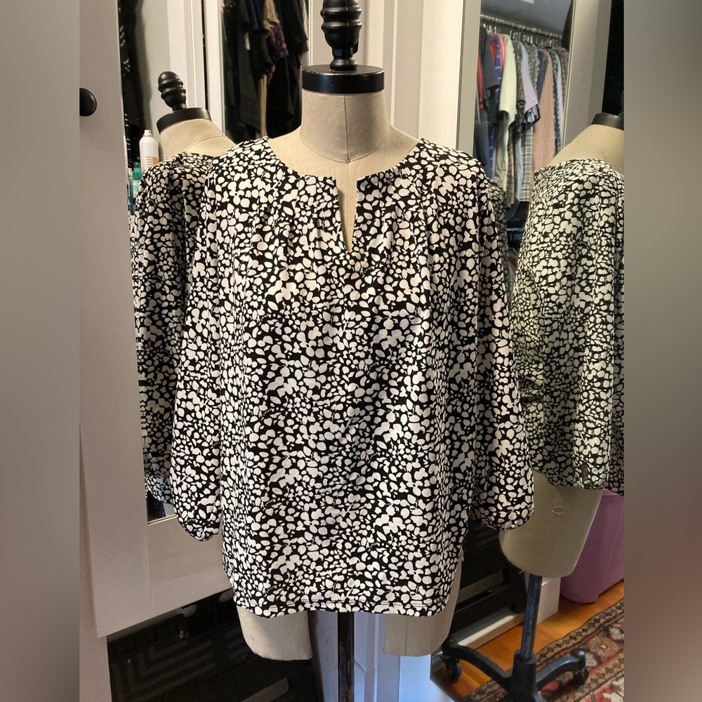 Talbots Black and White Patterned 3/4 Sleeve Women's Top, Size Large - Picture 2 of 11